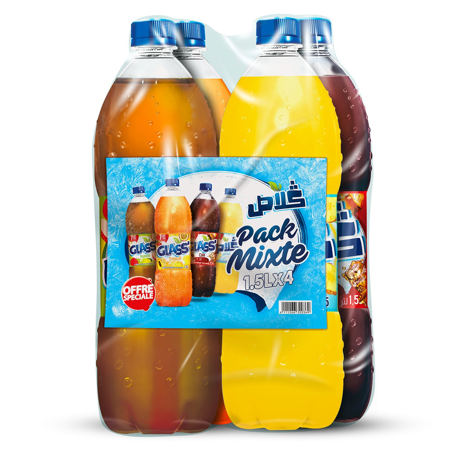 Pack Glass 4 Saveurs – 4 x 1,5L : Cola, Tropical, Pomme & Ananas